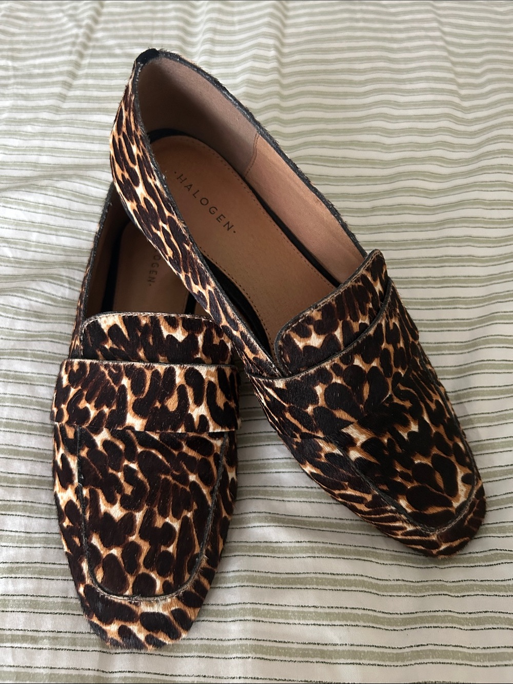 EUC Halogen Real Calf Fur Leopard Print Loafers